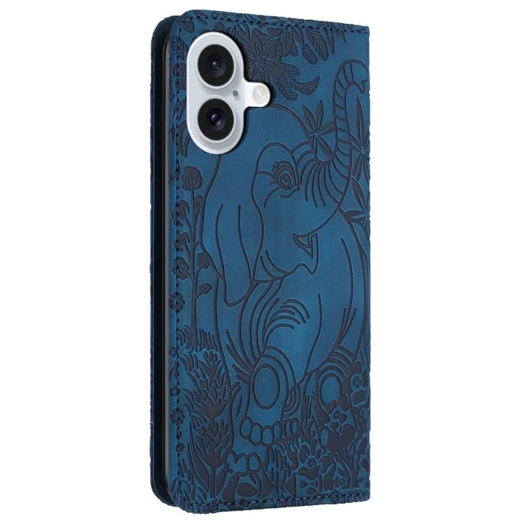 For iPhone 16 Plus Case PU Leather Wallet Phone Cover Elephant Pattern