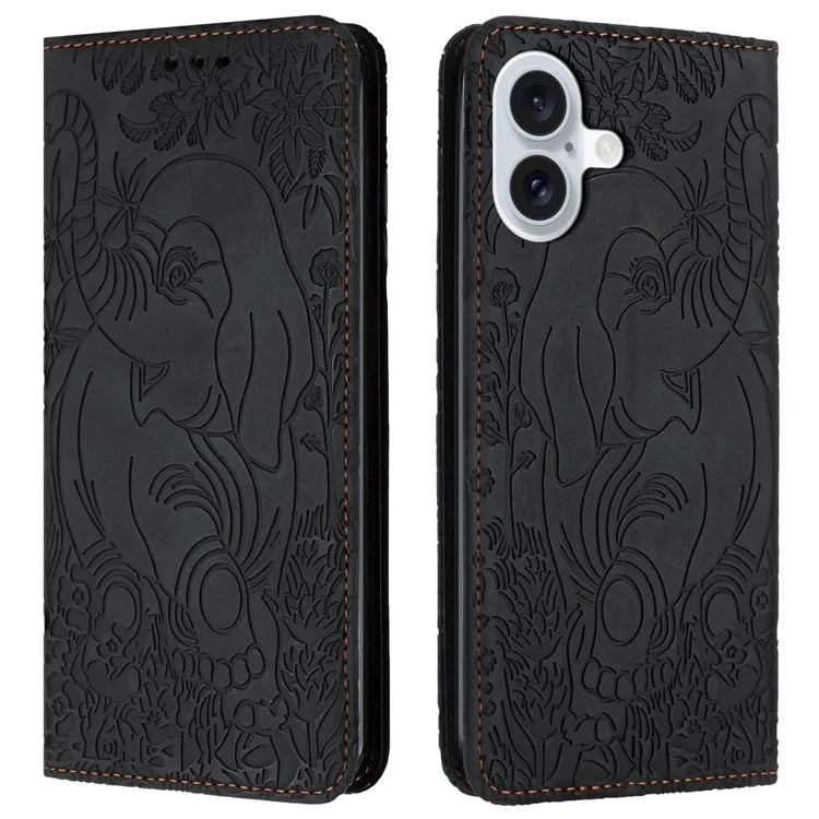 For iPhone 16 Case PU Leather Wallet Phone Cover Elephant Pattern