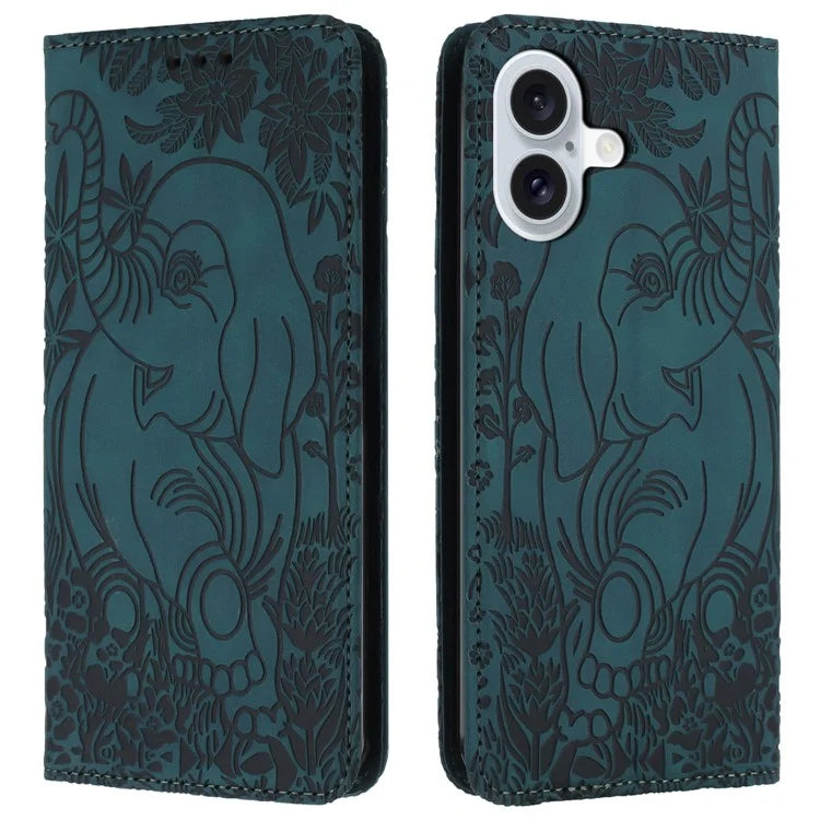 For iPhone 16 Case PU Leather Wallet Phone Cover Elephant Pattern
