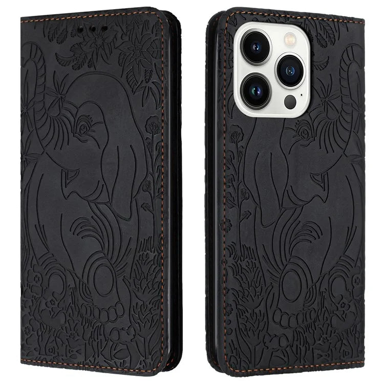 For iPhone 16 Pro Case PU Leather Wallet Phone Cover Elephant Pattern