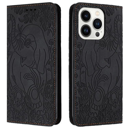 For iPhone 16 Pro Case PU Leather Wallet Phone Cover Elephant Pattern