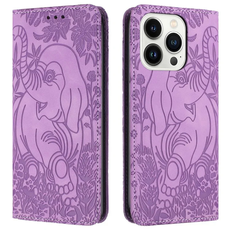 For iPhone 16 Pro Case PU Leather Wallet Phone Cover Elephant Pattern