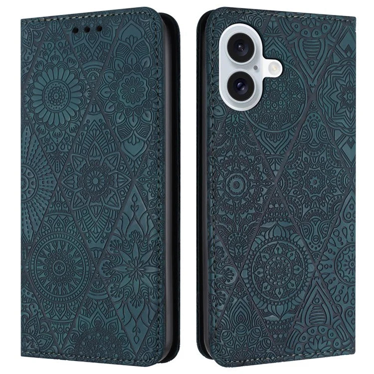 For iPhone 16 Plus Case Imprinted Flower Wallet Stand Leather Phone Cover