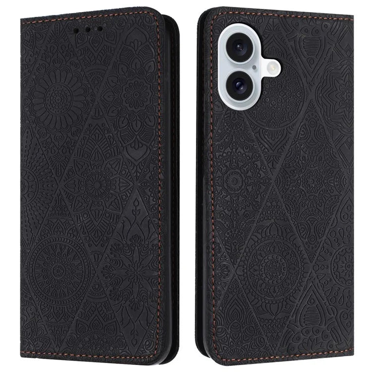 For iPhone 16 Plus Case Imprinted Flower Wallet Stand Leather Phone Cover