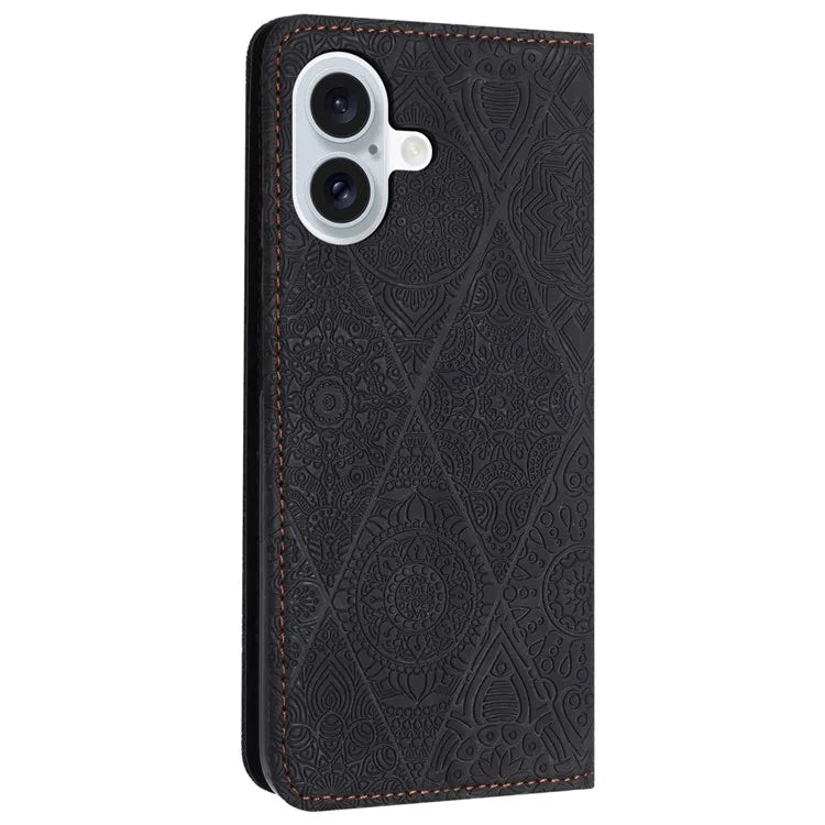 For iPhone 16 Plus Case Imprinted Flower Wallet Stand Leather Phone Cover