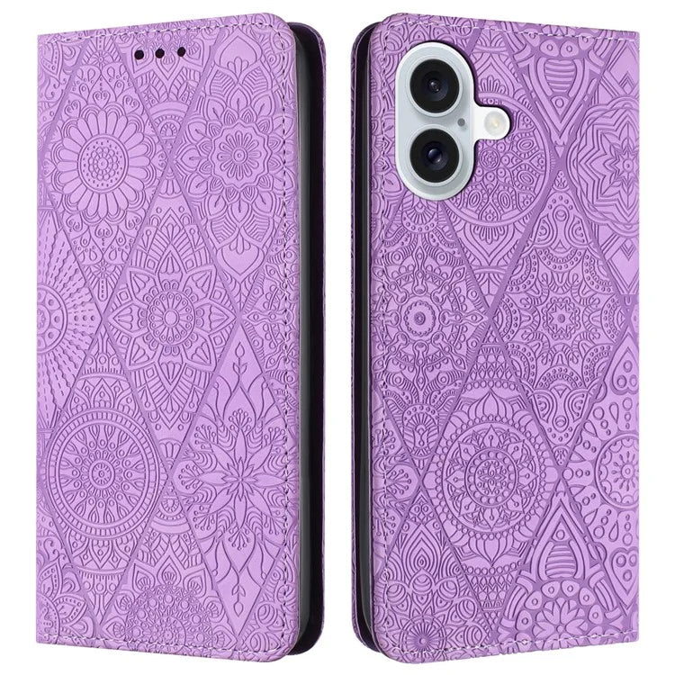 For iPhone 16 Plus Case Imprinted Flower Wallet Stand Leather Phone Cover