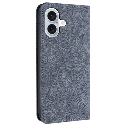 For iPhone 16 Plus Case Imprinted Flower Wallet Stand Leather Phone Cover