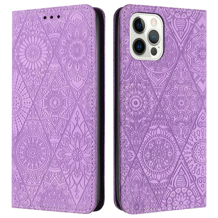 For iPhone 16 Pro Case Imprinted Flower Wallet Stand Leather Phone Cover