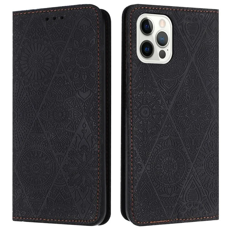 For iPhone 16 Pro Case Imprinted Flower Wallet Stand Leather Phone Cover