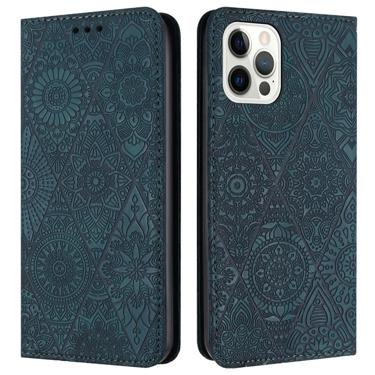 For iPhone 16 Pro Case Imprinted Flower Wallet Stand Leather Phone Cover