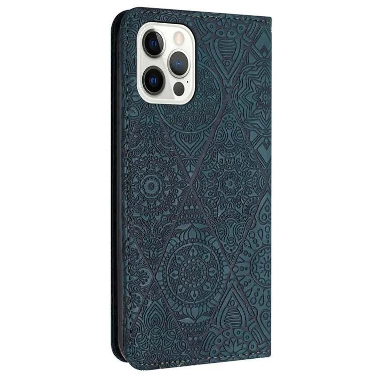 For iPhone 16 Pro Case Imprinted Flower Wallet Stand Leather Phone Cover