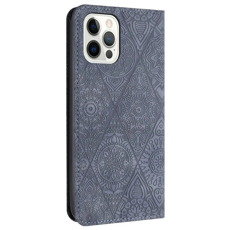 For iPhone 16 Pro Case Imprinted Flower Wallet Stand Leather Phone Cover