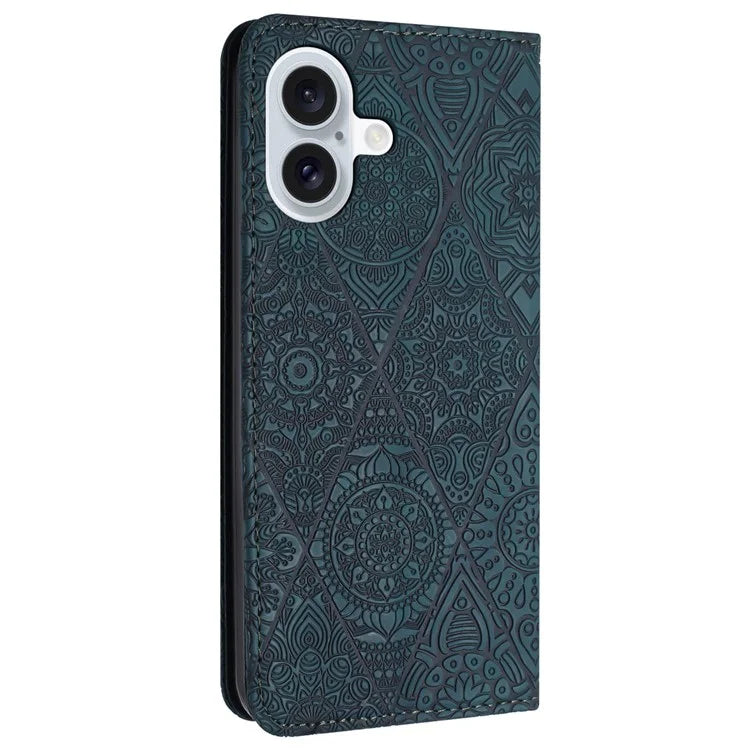 For iPhone 16 Case Imprinted Flower Wallet Stand Leather Phone Cover