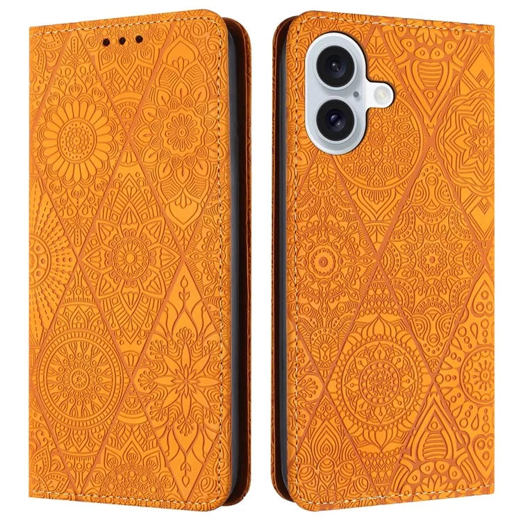 For iPhone 16 Case Imprinted Flower Wallet Stand Leather Phone Cover