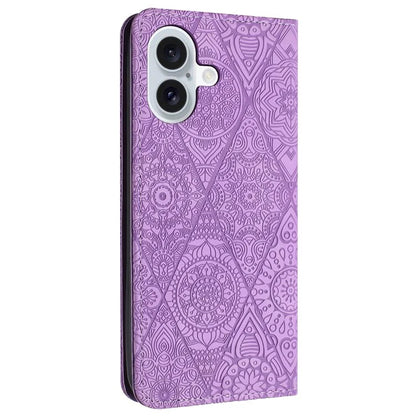 For iPhone 16 Case Imprinted Flower Wallet Stand Leather Phone Cover