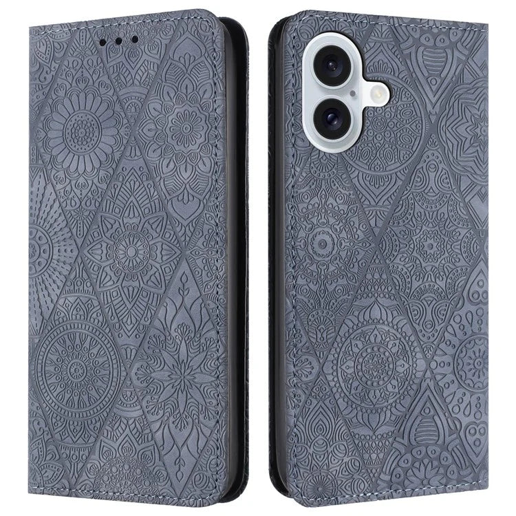For iPhone 16 Case Imprinted Flower Wallet Stand Leather Phone Cover