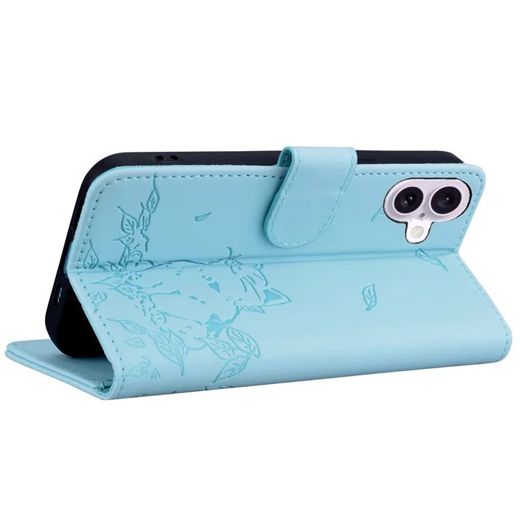 For iPhone 16 Case Wallet Cat Pattern Imprinted Leather Phone Cover