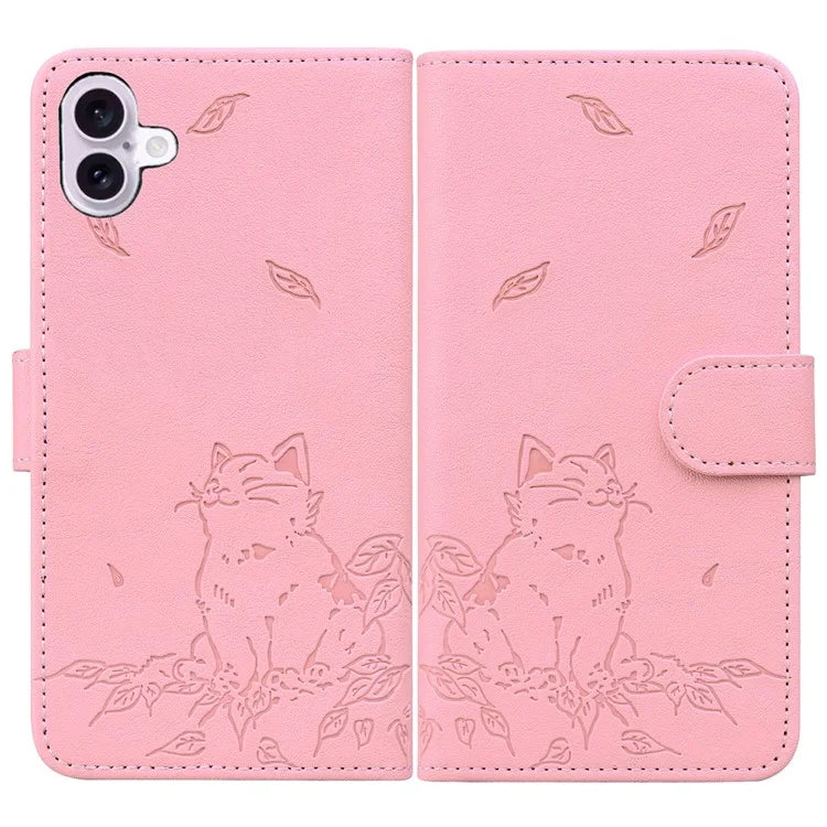 For iPhone 16 Case Wallet Cat Pattern Imprinted Leather Phone Cover