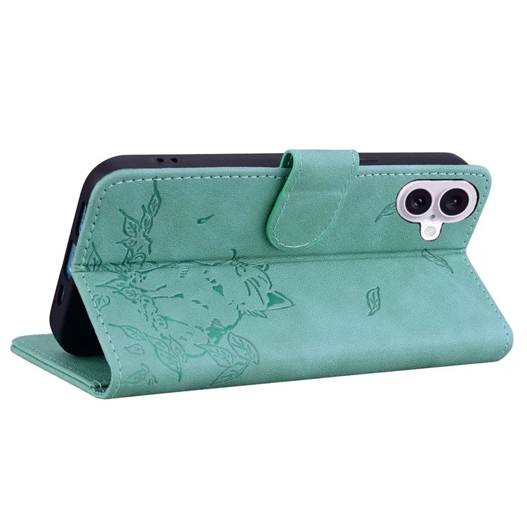 For iPhone 16 Plus Case Wallet Cat Pattern Imprinted Leather Phone Cover