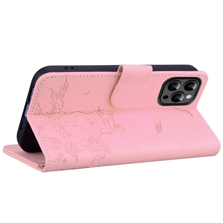 For iPhone 15 Pro Case Wallet Cat Pattern Imprinted Leather Phone Cover