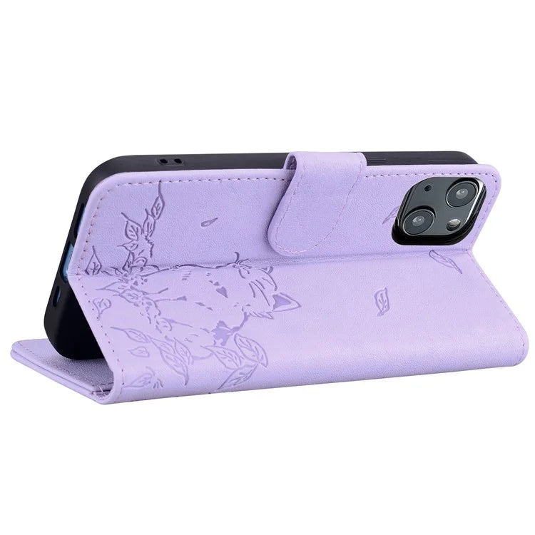 For iPhone 15 Plus Case Wallet Cat Pattern Imprinted Leather Phone Cover
