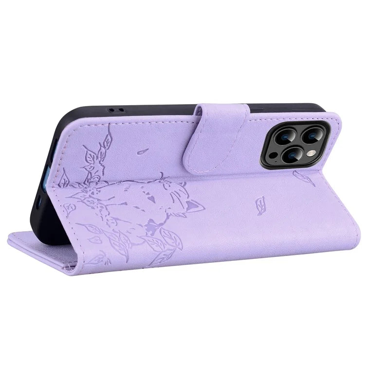 For iPhone 14 Pro Case Wallet Cat Pattern Imprinted Leather Phone Cover