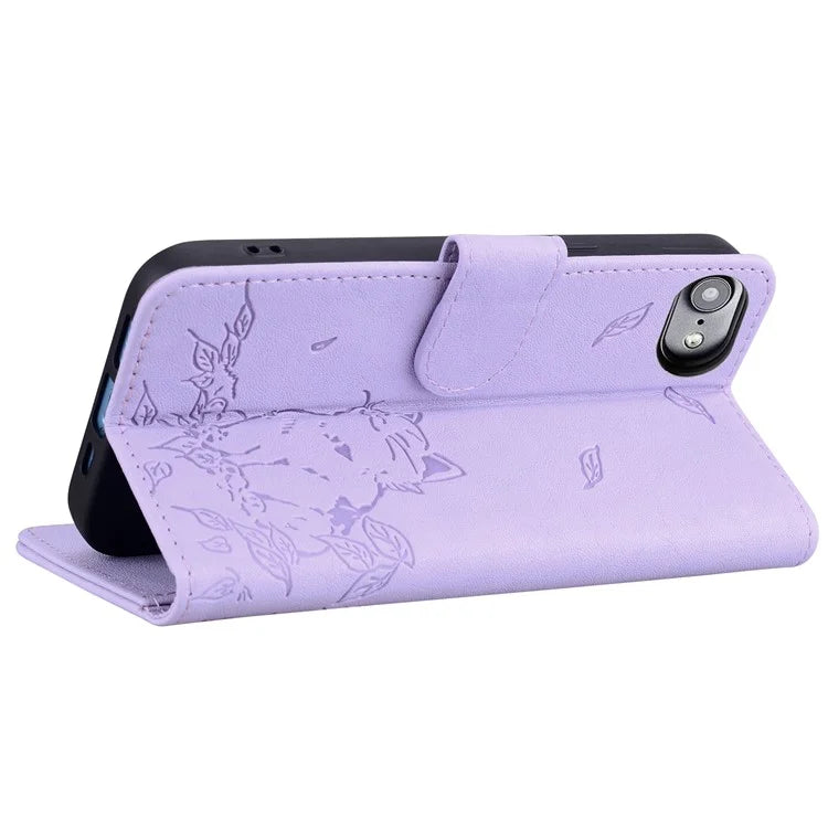 For iPhone SE (2024) Case Wallet Cat Pattern Imprinted Leather Phone Cover
