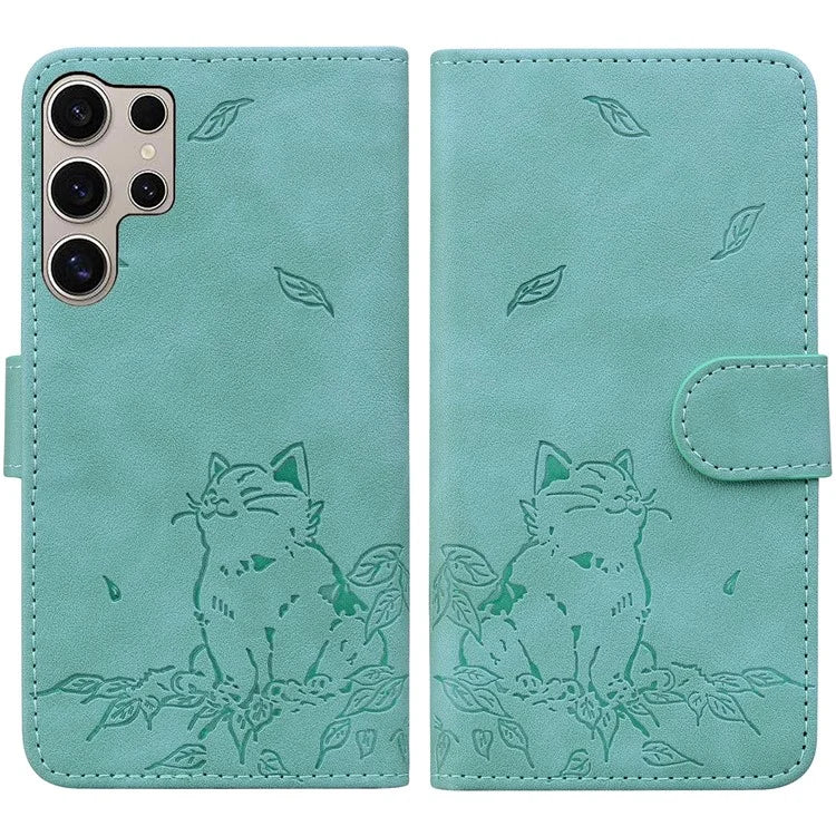 For Samsung Galaxy S24 Ultra Case Wallet Cat Pattern Imprinted Leather Phone Cover