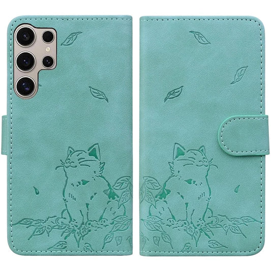For Samsung Galaxy S24 Ultra Case Wallet Cat Pattern Imprinted Leather Phone Cover