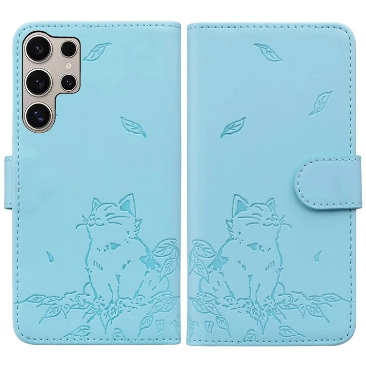 For Samsung Galaxy S24 Ultra Case Wallet Cat Pattern Imprinted Leather Phone Cover