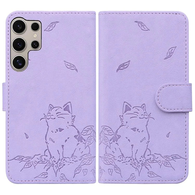 For Samsung Galaxy S24 Ultra Case Wallet Cat Pattern Imprinted Leather Phone Cover