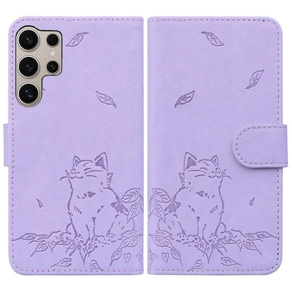 For Samsung Galaxy S24 Ultra Case Wallet Cat Pattern Imprinted Leather Phone Cover