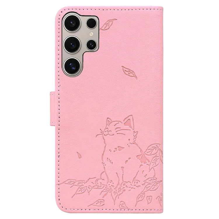 For Samsung Galaxy S24 Ultra Case Wallet Cat Pattern Imprinted Leather Phone Cover