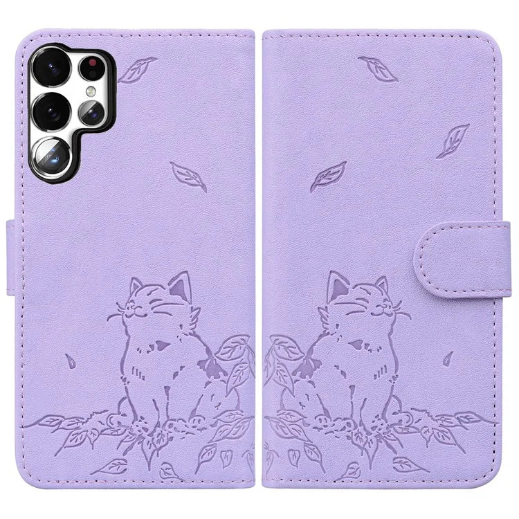 For Samsung Galaxy S23 Ultra Case Wallet Cat Pattern Imprinted Leather Phone Cover