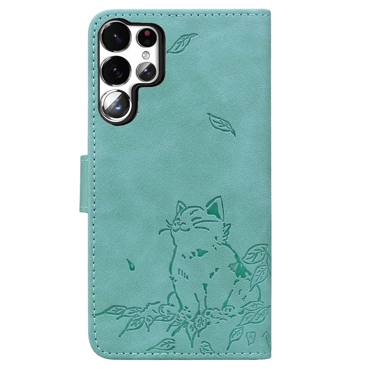 For Samsung Galaxy S23 Ultra Case Wallet Cat Pattern Imprinted Leather Phone Cover