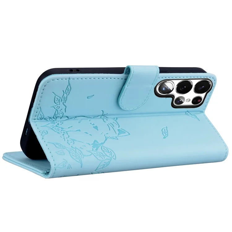 For Samsung Galaxy S23 Ultra Case Wallet Cat Pattern Imprinted Leather Phone Cover
