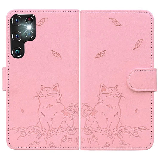 For Samsung Galaxy S22 Ultra 5G Case Wallet Cat Pattern Imprinted Leather Phone Cover