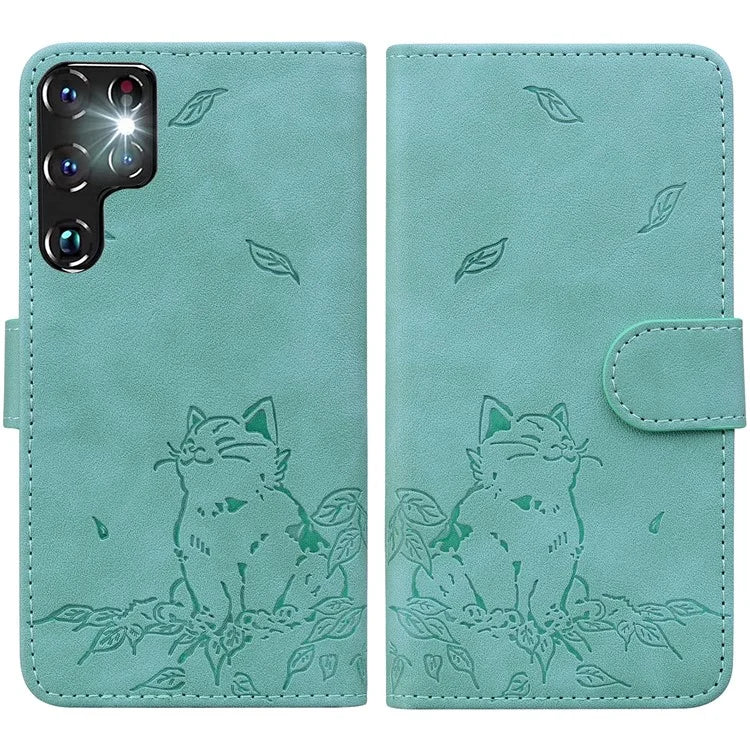For Samsung Galaxy S22 Ultra 5G Case Wallet Cat Pattern Imprinted Leather Phone Cover
