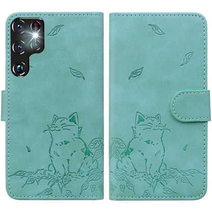 For Samsung Galaxy S22 Ultra 5G Case Wallet Cat Pattern Imprinted Leather Phone Cover
