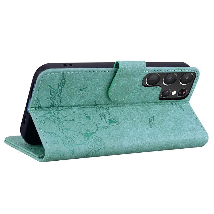 For Samsung Galaxy S22 Ultra 5G Case Wallet Cat Pattern Imprinted Leather Phone Cover
