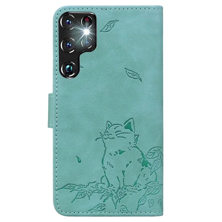 For Samsung Galaxy S22 Ultra 5G Case Wallet Cat Pattern Imprinted Leather Phone Cover