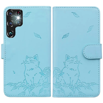 For Samsung Galaxy S22 Ultra 5G Case Wallet Cat Pattern Imprinted Leather Phone Cover