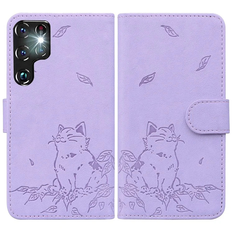 For Samsung Galaxy S22 Ultra 5G Case Wallet Cat Pattern Imprinted Leather Phone Cover