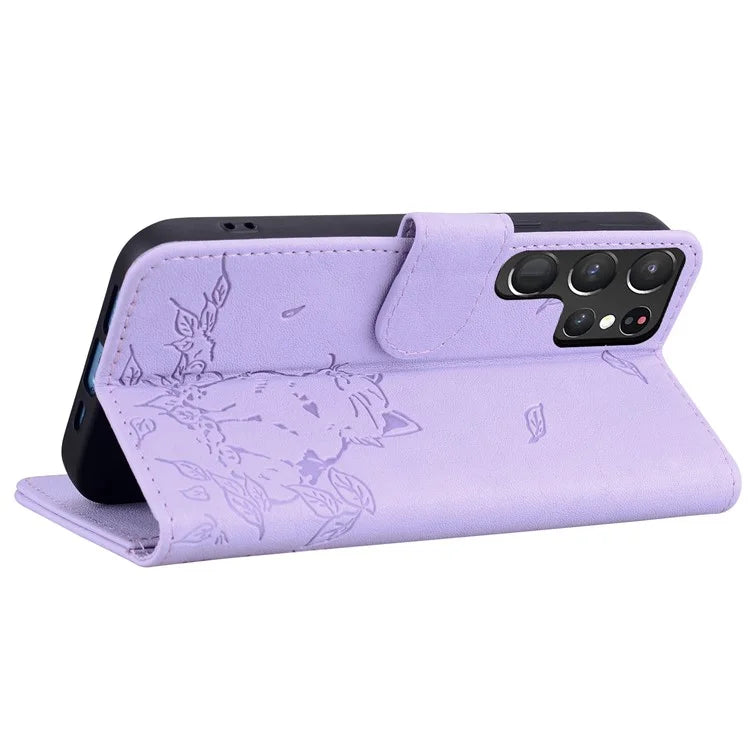 For Samsung Galaxy S22 Ultra 5G Case Wallet Cat Pattern Imprinted Leather Phone Cover