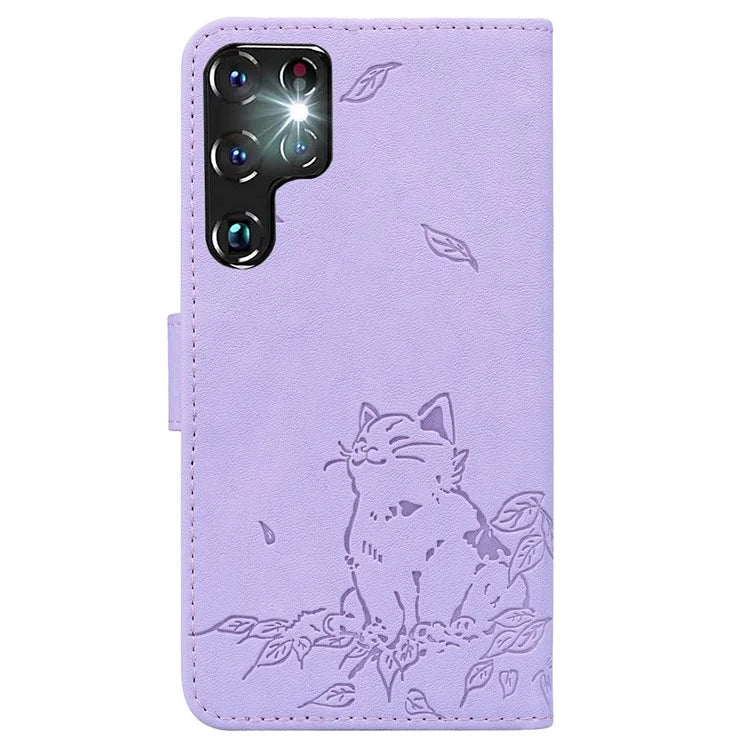 For Samsung Galaxy S22 Ultra 5G Case Wallet Cat Pattern Imprinted Leather Phone Cover