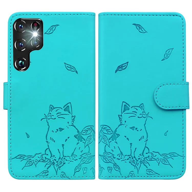 For Samsung Galaxy S22 Ultra 5G Case Wallet Cat Pattern Imprinted Leather Phone Cover