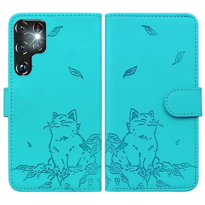 For Samsung Galaxy S22 Ultra 5G Case Wallet Cat Pattern Imprinted Leather Phone Cover