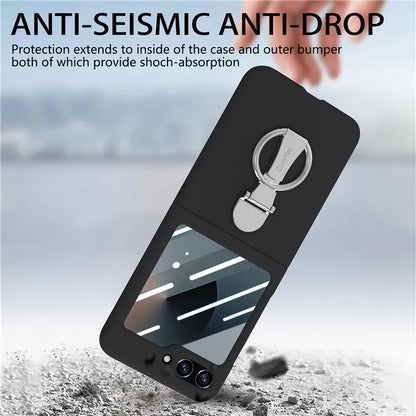 For Samsung Galaxy Z Flip6 5G Case Ring Kickstand PC Phone Cover with Tempered Glass Rear Screen Film