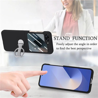 For Samsung Galaxy Z Flip6 5G Case Ring Kickstand PC Phone Cover with Tempered Glass Rear Screen Film
