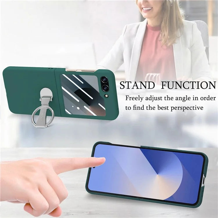 For Samsung Galaxy Z Flip6 5G Case Ring Kickstand PC Phone Cover with Tempered Glass Rear Screen Film